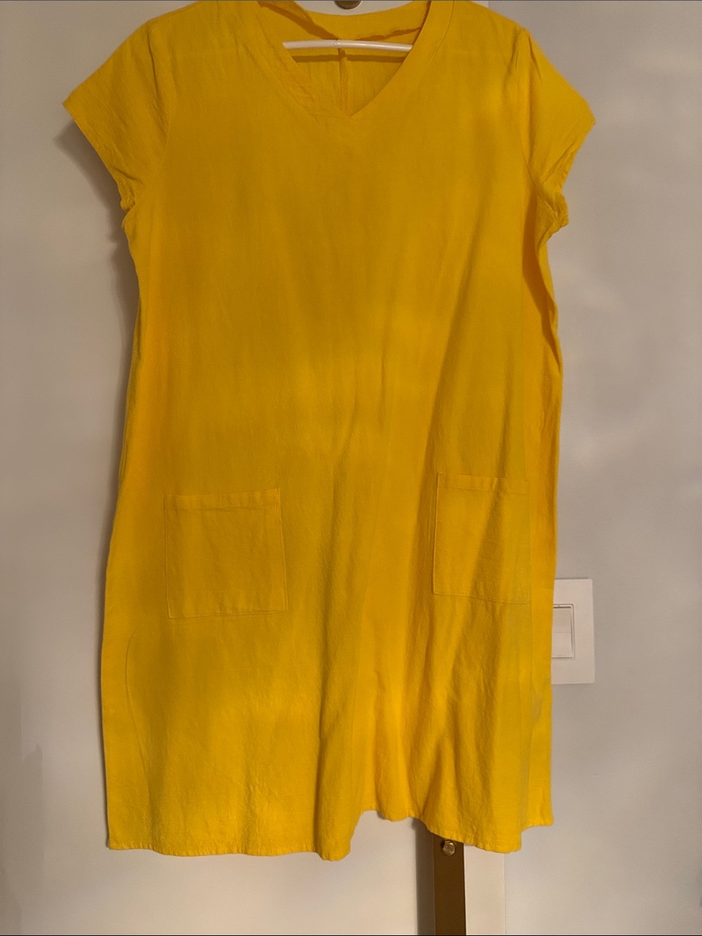 Yellow V-Neck Mini Dress with Pockets - Women